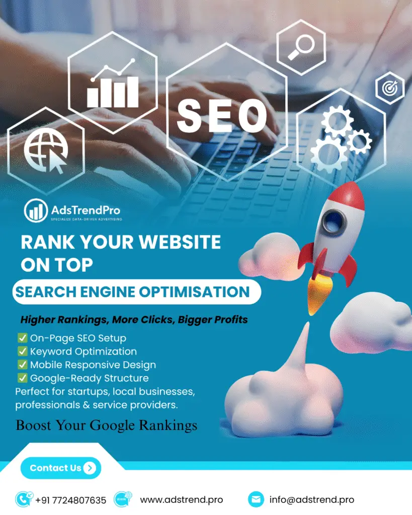 SEO services promotional banner by Ads Trend Pro – highlighting search engine optimization, keyword optimization, on-page SEO, and Google ranking strategies.